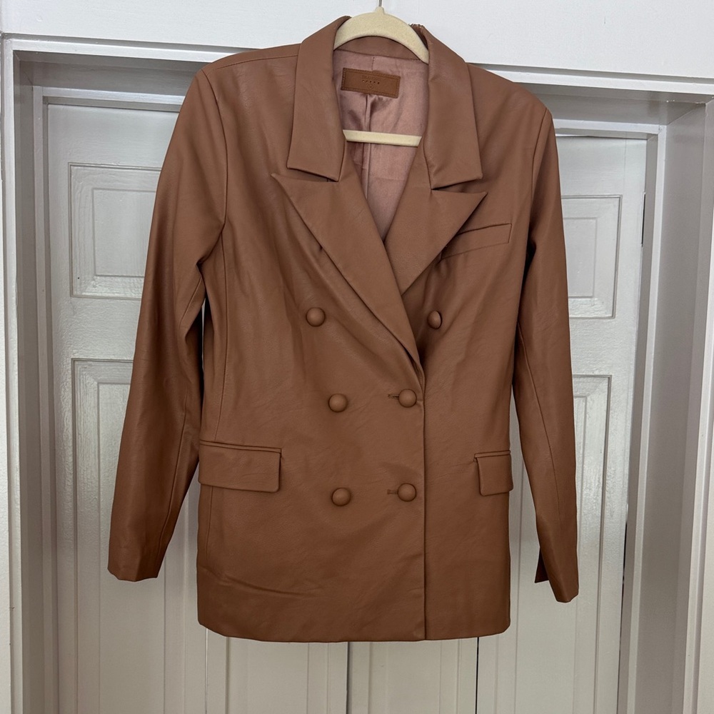 Blank NYC Brown Double-Breasted Faux Leather Blazer